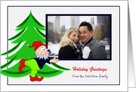 Happy Holidays - Cute Elf holds a Photo Card Frame card