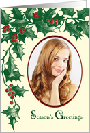 Season’s Greetings, Holly with Berries - Oval Photo Card Vintage Style card