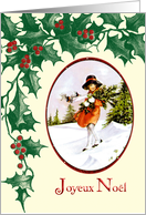 Vintage Style Girl in Oval Frame + Holly + Berries card
