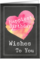 Watercolor Pink and Yellow Heart and Chalkboard Birthday card