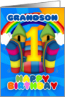 Grandson 1st Birthday Card With Bouncy Castle And Rainbow card
