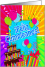 Feliz Cumpleaos with fun colors balloons streamers and cake card
