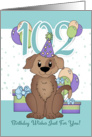 102nd Birthday Dog In Party Hat With Balloons And Gifts card