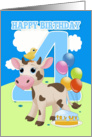 4th Birthday Card With Little Cow Cake And Balloons card