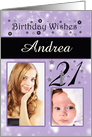 21st birthday photo greeting card in purple with flowers and stars card