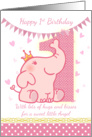 1st Birthday With Cute Pink Elephant Bunting And Giant One card