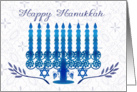 hanukkah holiday card with menorah in blue and white card