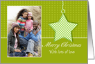 Merry Christmas Photo Greeting Card With Hanging Star In Green card