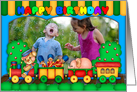 fun colorful photo birthday card with toy train soldiers and scenery card