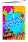 fun bright birthday greeting card with balloons and birthday cake card