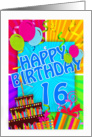 16th birthday card bright and colorful - cake and balloons card