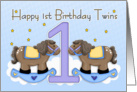 1st birthday twin boy rocking horse Card