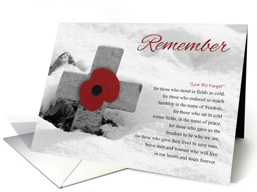 Remembrance Day Poppy On A Cross In The Snow card (1025317)