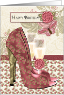 Champagne and Shoes Butterfly and Rose Birthday card