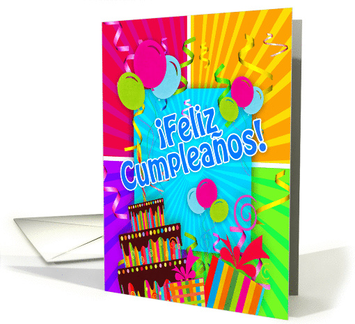 Feliz Cumpleaos with fun colors balloons streamers and cake card