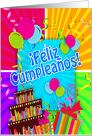 Feliz Cumpleaos with fun colors balloons streamers and cake card