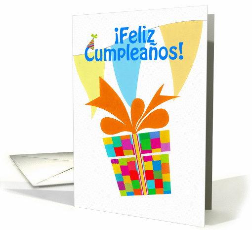 Feliz Cumpleaos with gift package bunting and party hat card