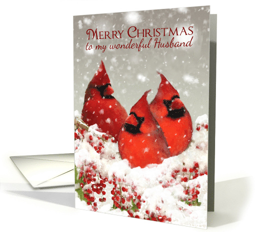 Husband Oil Painted Red Cardinals and Winter Berries with Snow card