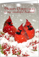 Husband Oil Painted Red Cardinals and Winter Berries with Snow card