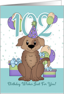 102nd Birthday Dog In Party Hat With Balloons And Gifts card