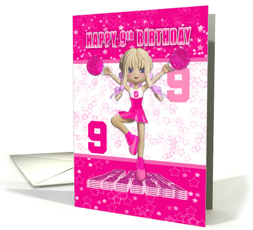 9th Birthday Cheerleader Dancing on a Large Rah in Pinks card