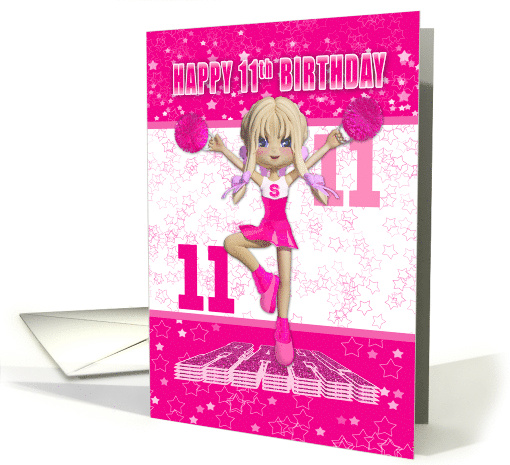 11th Birthday Cheerleader Dancing on a Large Rah in Pinks card