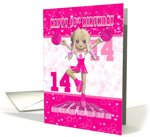 14th Birthday Cheerleader Dancing on a Large Rah in Pinks card