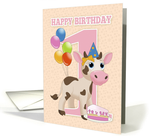 1st Birthday Card With Little Cow Cake And Balloons card (1280582)