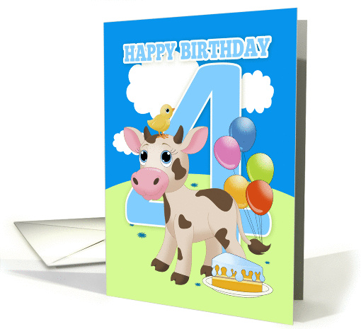 4th Birthday Card With Little Cow Cake And Balloons card (1280632)