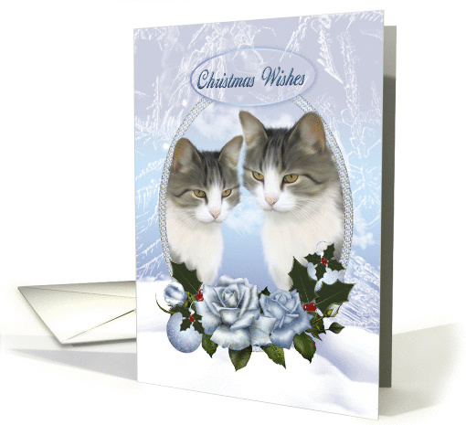 Two Christmas Cats With Snow Ice And Blue Roses With Holly card