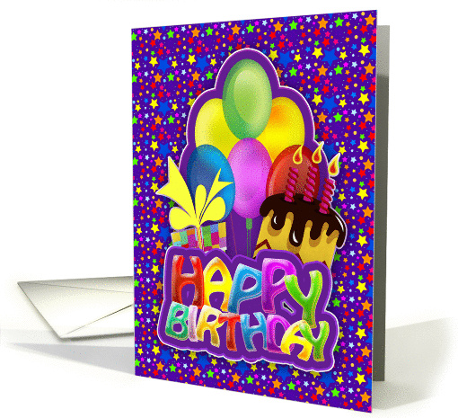 Fun Balloon Cake, Gift & Stars Design, Bright And Happy Colours card