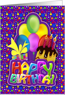 Fun Balloon Cake, Gift & Stars Design, Bright And Happy Colours card