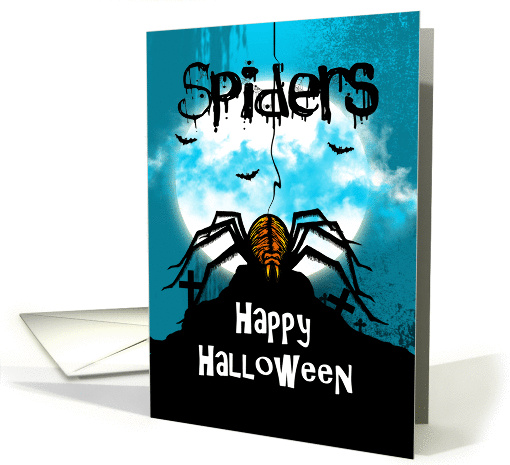 Spider Halloween Design, webs, graves, bats and spooky text card
