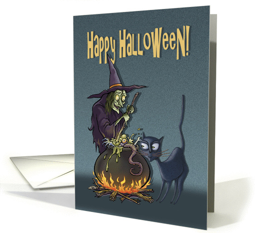 Halloween Witch With Cauldron And Black Cat card (1325770)