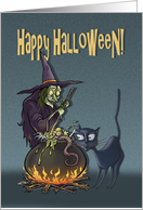 Halloween Witch With Cauldron And Black Cat card