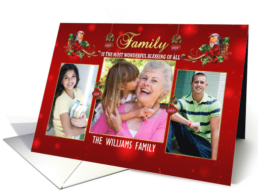 Family Your Photo Here Christmas Robin And Decoration Design card