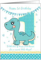 1st Birthday With Little Blue Dinosaur, on a heart background card