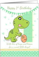 1st Birthday With Little Green Dinosaur, on a heart background card