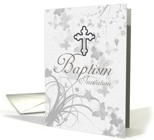 Baptism Invitation With Cross And Faded Butterflies And Flowers card