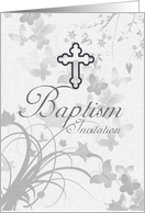 Baptism Invitation With Cross And Faded Butterflies And Flowers card