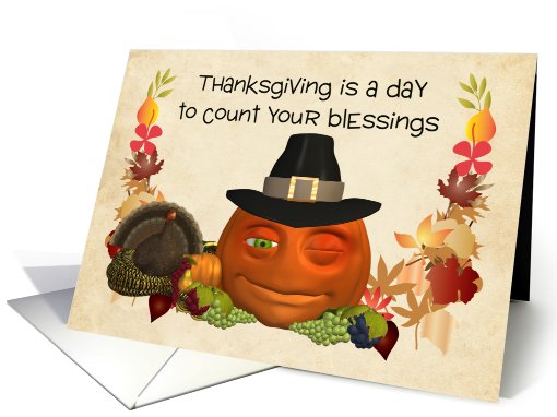 Thanksgiving Card - Fun Winking Pumpkin In Tall Hat card (664322)