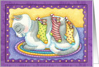 Cat Christmas Card With Little Mice In Stockings card