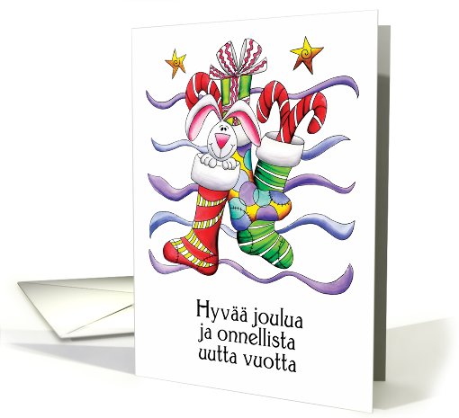 Finnish - Christmas Stocking With Rabbit And Gifts - Hyv joulua card