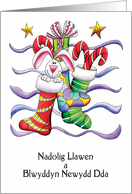 Welsh - Christmas Stocking With Rabbit And Gifts - Cardiau Nadolig card