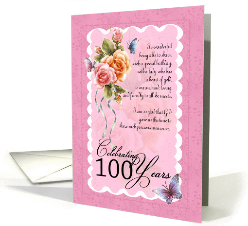 100 years old greeting card - roses and butterflies card (843411)