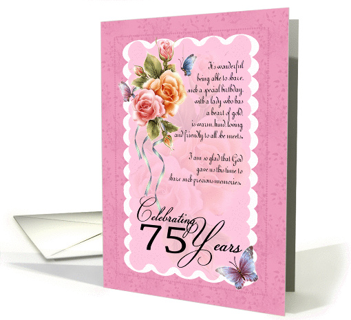 75th birthday greeting card - roses and butterflies 75th card (844109)