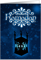 Ramadan card blue with lamp and bokeh lights in the background card