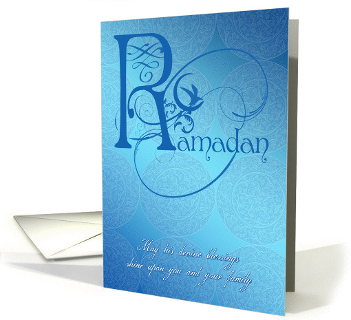 Ramadan card blue with fancy writing and embedded patterns card