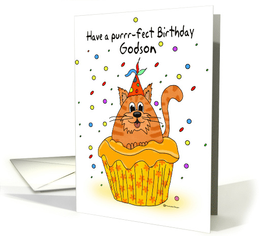 Godson Birthday with Ginger Cupcake Cat and Confetti card (857860)
