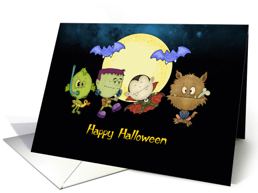 halloween card with frankie and friends - vampire, monster, wolf card